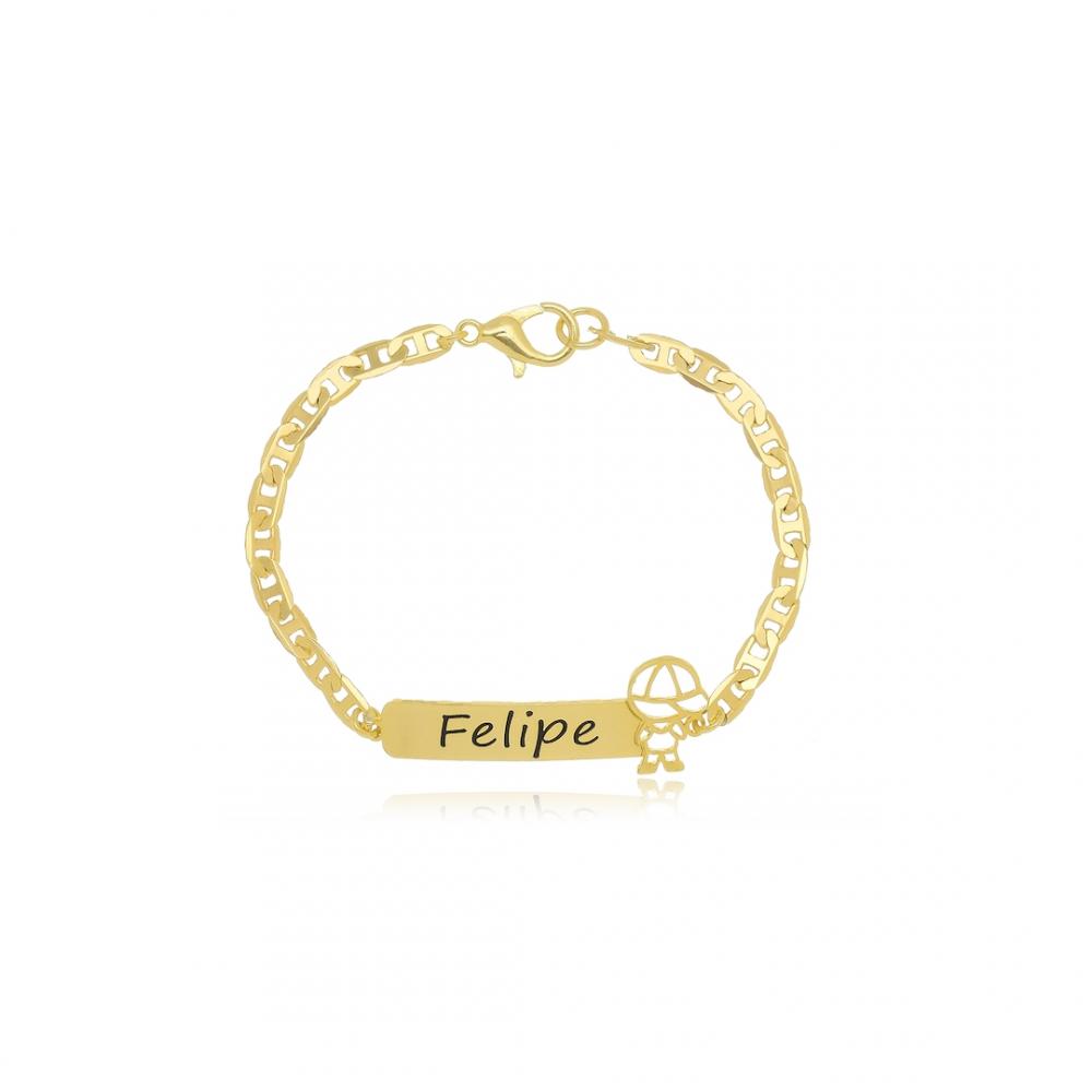 Pulseira infantil personalizada com  boneco e nome banhado a ouro 18k