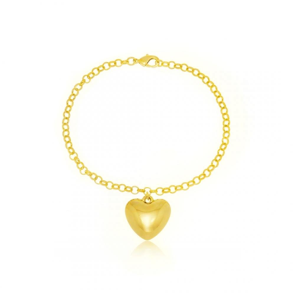 Pulseira com corrente de elo português e pingente de coração liso banhada a ouro 18k