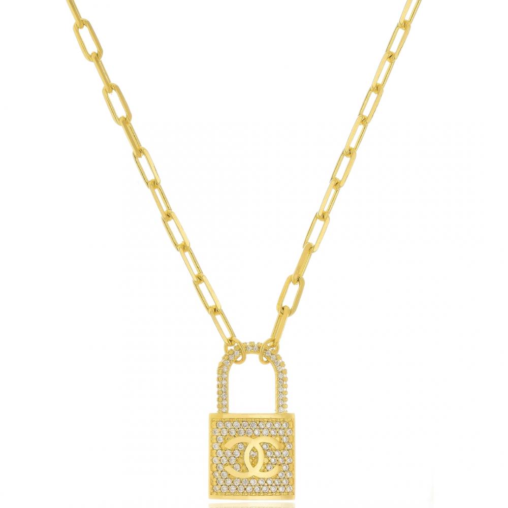 Colar com corrente e pingente de cadeado cravejado banhado a ouro 18k