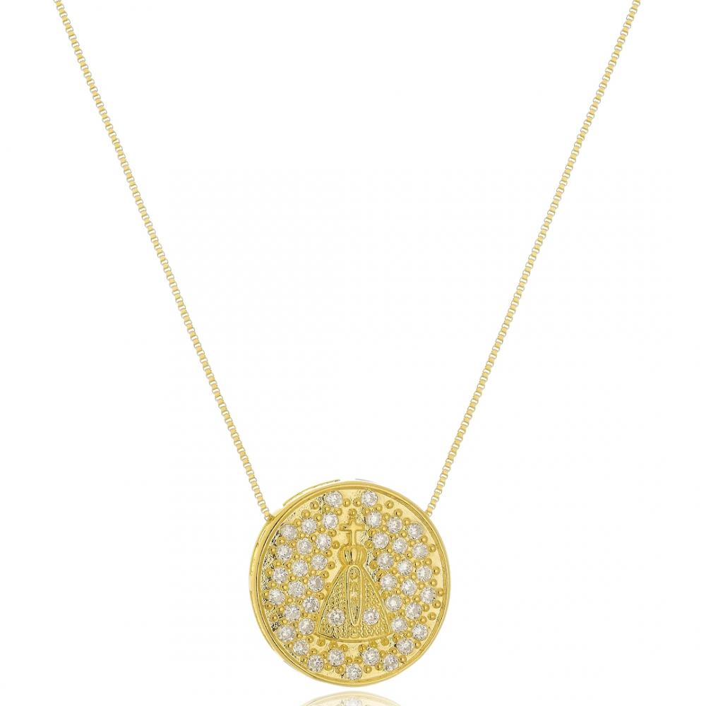 Colar com pingente de Nossa Senhora cravejado com zircônia banhado a ouro 18k 