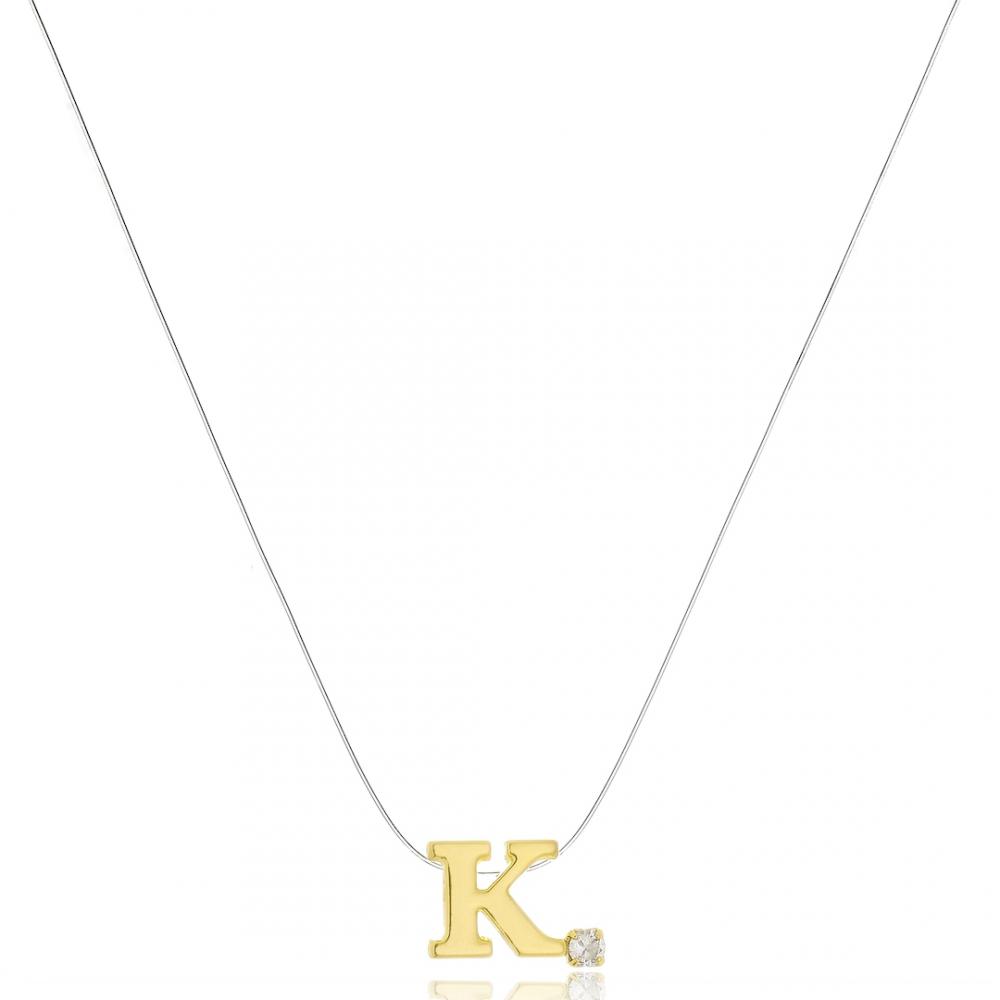 Colar de linha invisível personalizado com letra e ponto de luz banhado a ouro 18k 