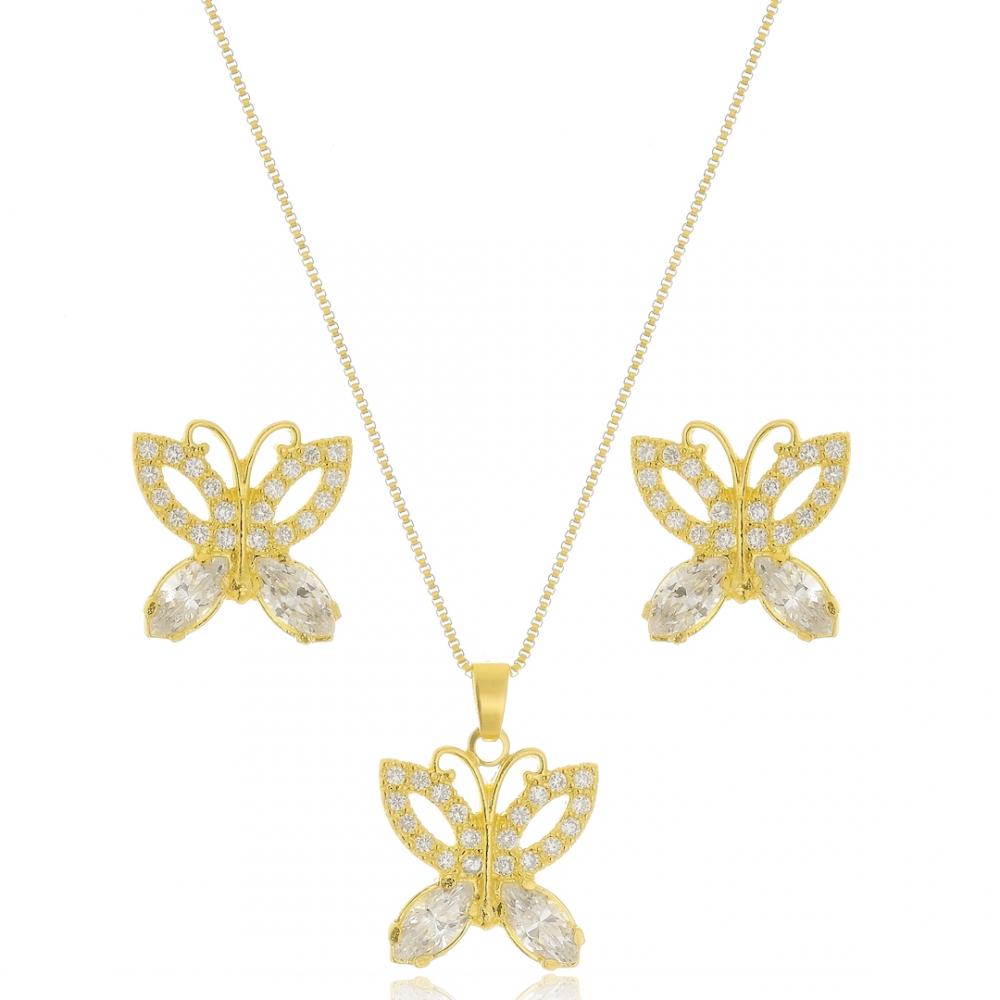 Conjunto de borboleta cravejado com zircônia e banhado a ouro 18k
