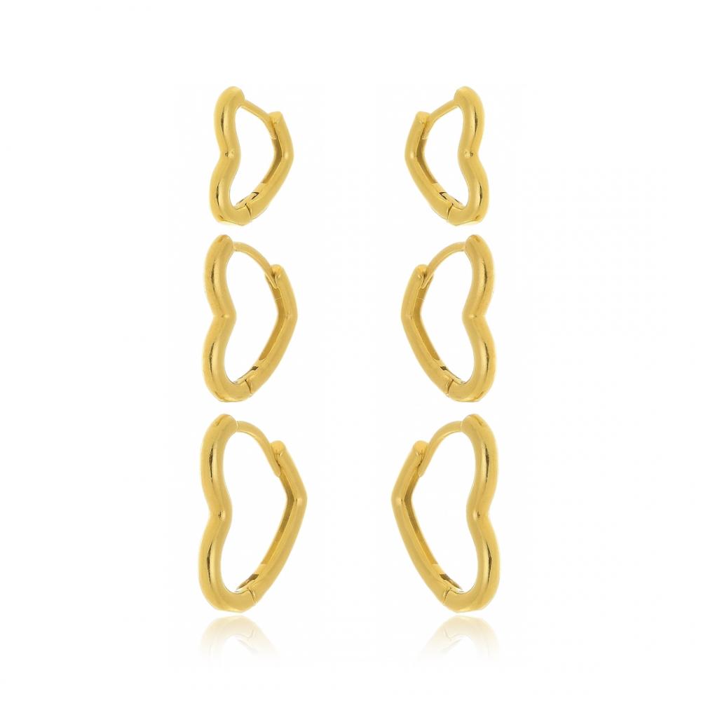 Trio de argolas de coração liso banhado a ouro 18k