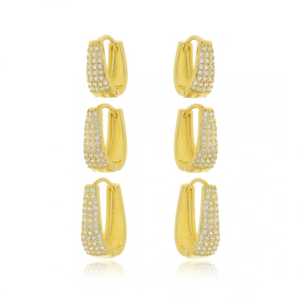 Trio de argola cravejado com zircônia cristal banhado a ouro 18k 