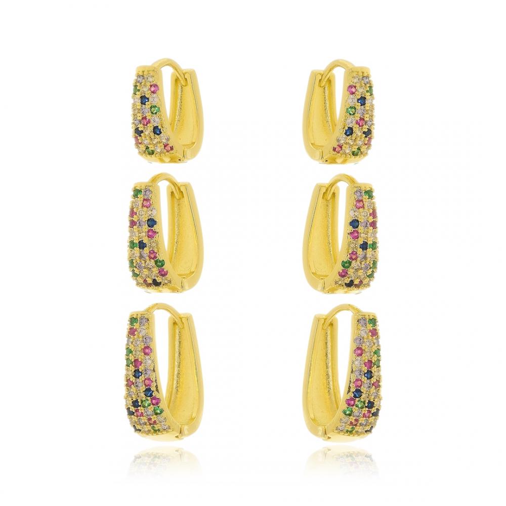 Trio de argola cravejado com zircônia colorida banhado a ouro 18k 