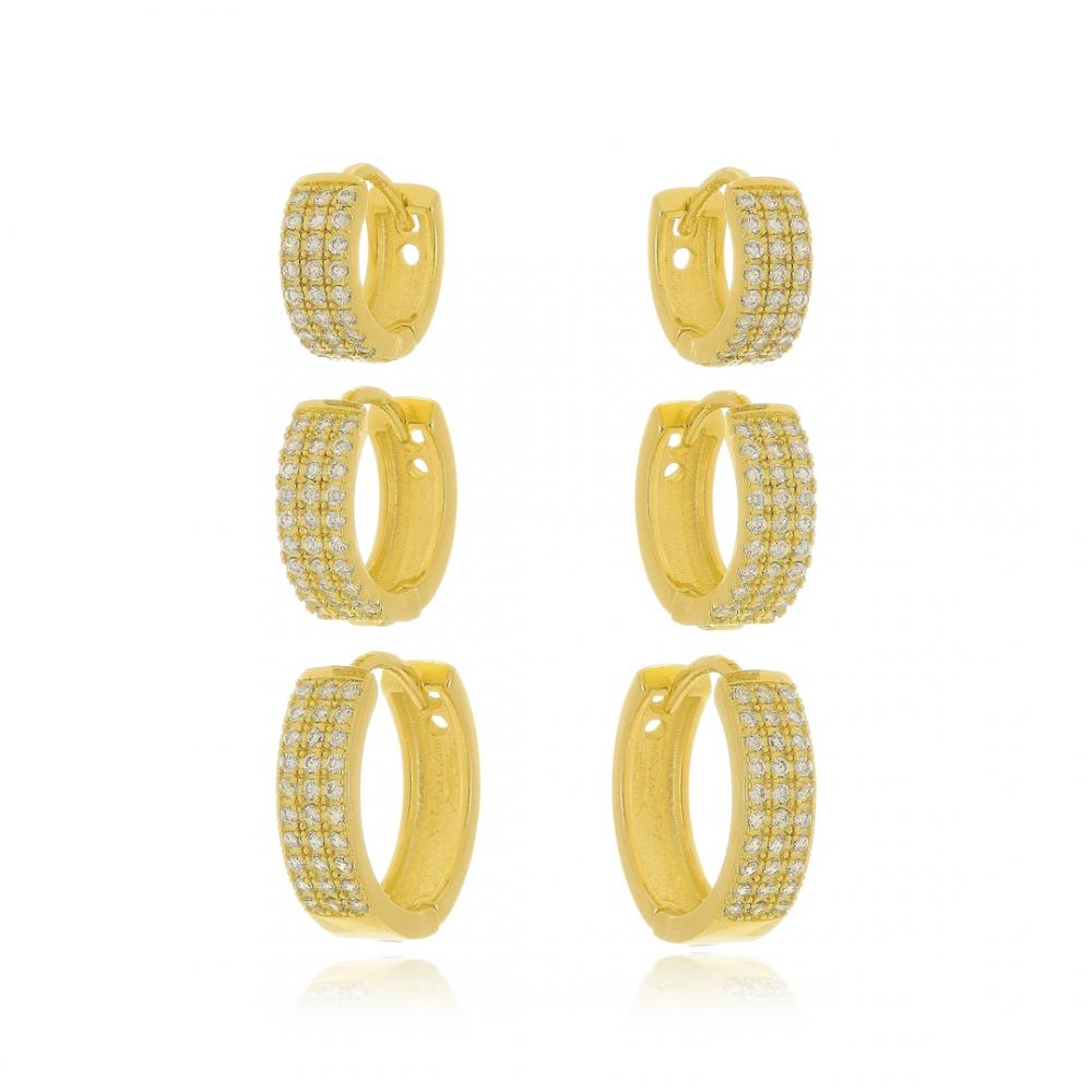 Trio de argola cravejado com zircônia cristal banhado a ouro 18k 