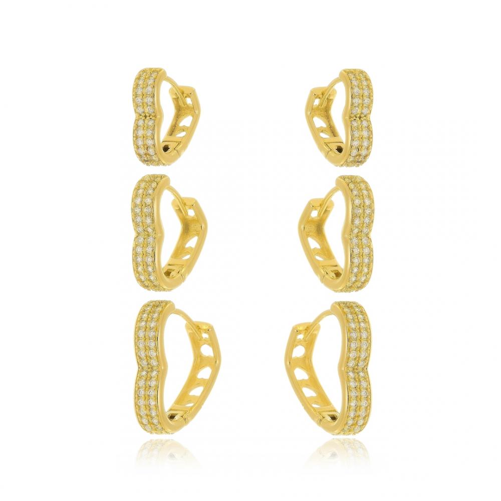 Trio argola coração cravejado com zircônia cristal banhado a ouro 18k 