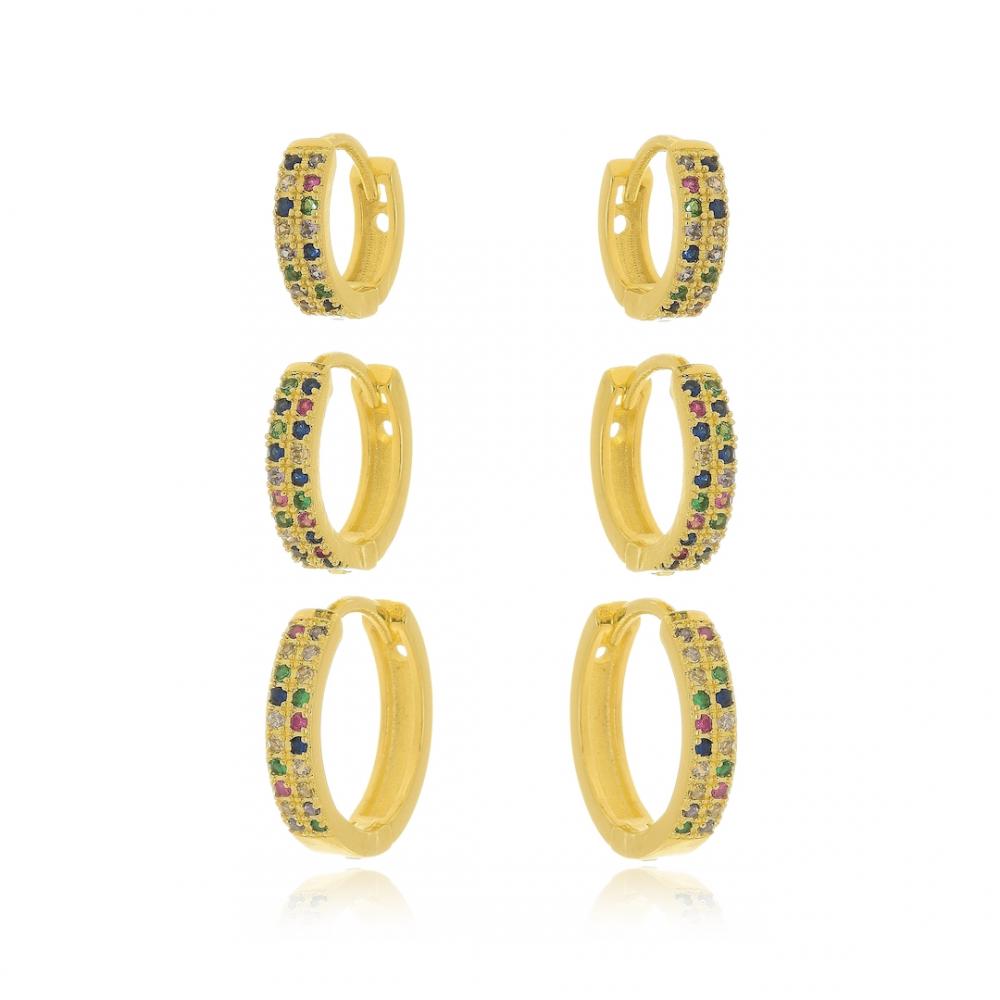 Trio de argola cravejada com zircônia colorida banhado a ouro 18k