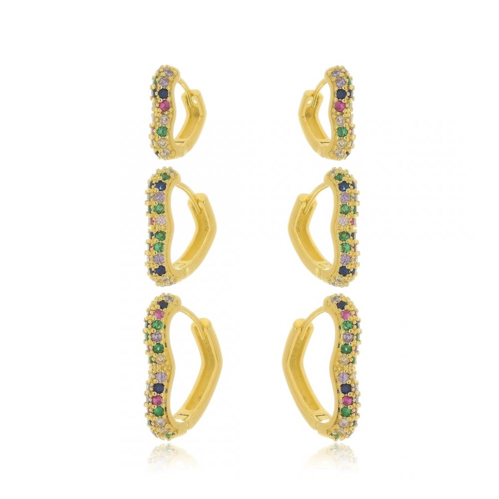 Trio de argola de coração cravejado com zircônia colorida banhado a ouro 18k 