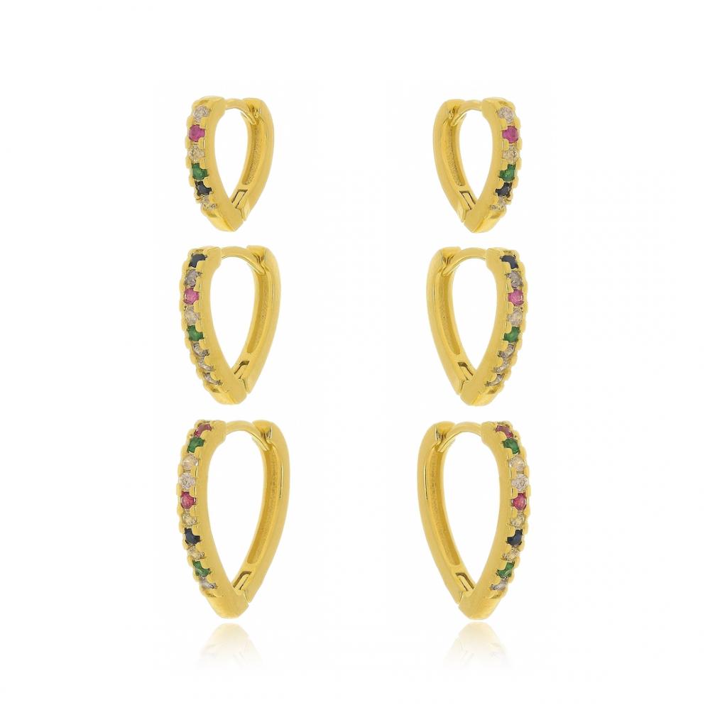 Trio de argola de coração cravejado com zircônia colorida banhado a ouro 18k 
