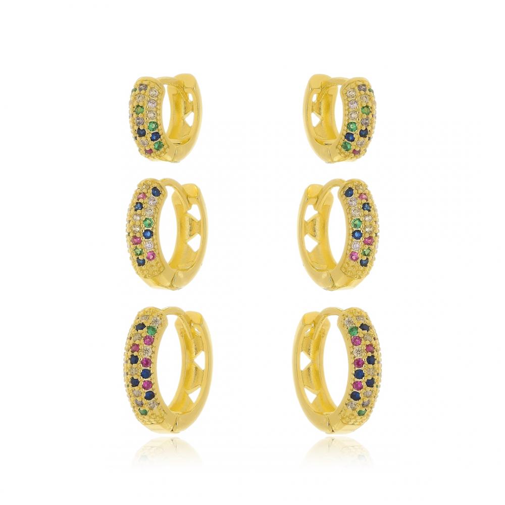 Trio de argola cravejado com zircônia colorida banhado a ouro 18k 