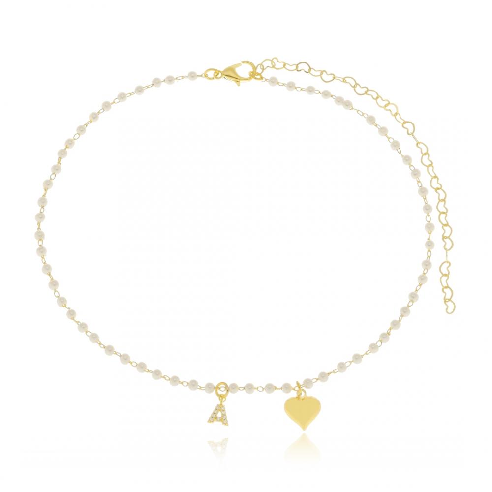 Colar personalizado com corrente de pérola pingente de letra e coração banhado a ouro 18k