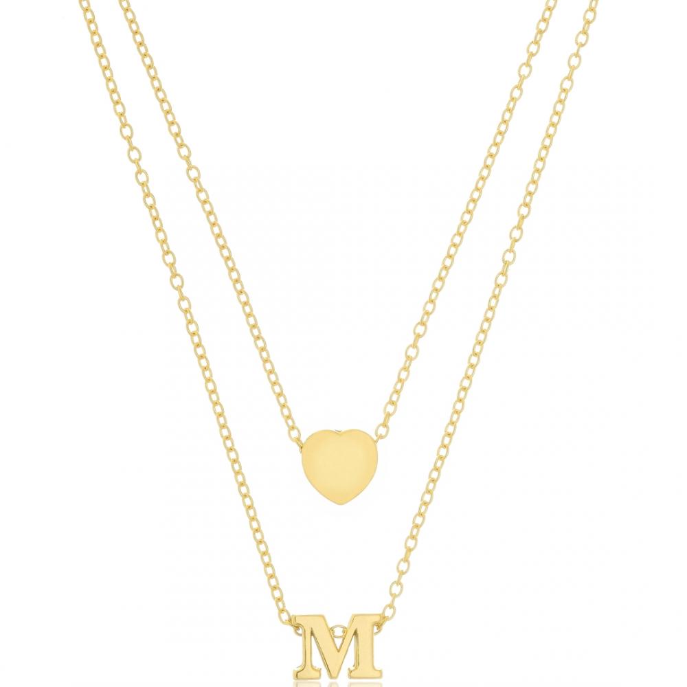 Colar duplo personalizado com letra e coração liso banhado a ouro 18k 