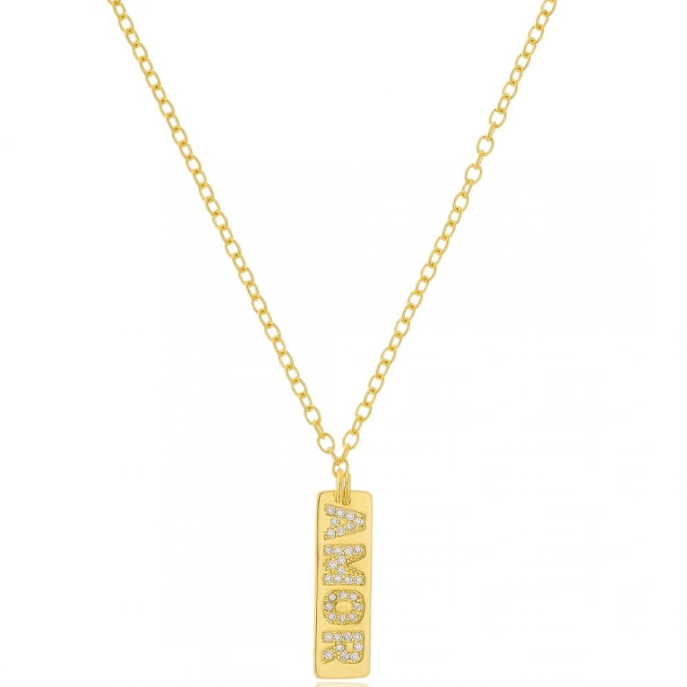Colar com pingente de placa amor banhado a ouro 18k 