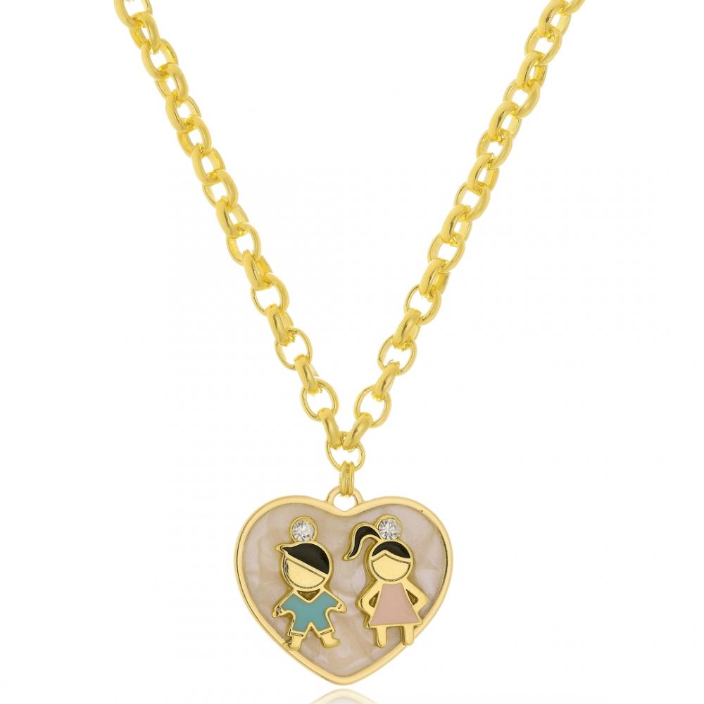 Colar personalizado com coração em madrepérola e bonecos na corrente elo português banhado a ouro 18k 