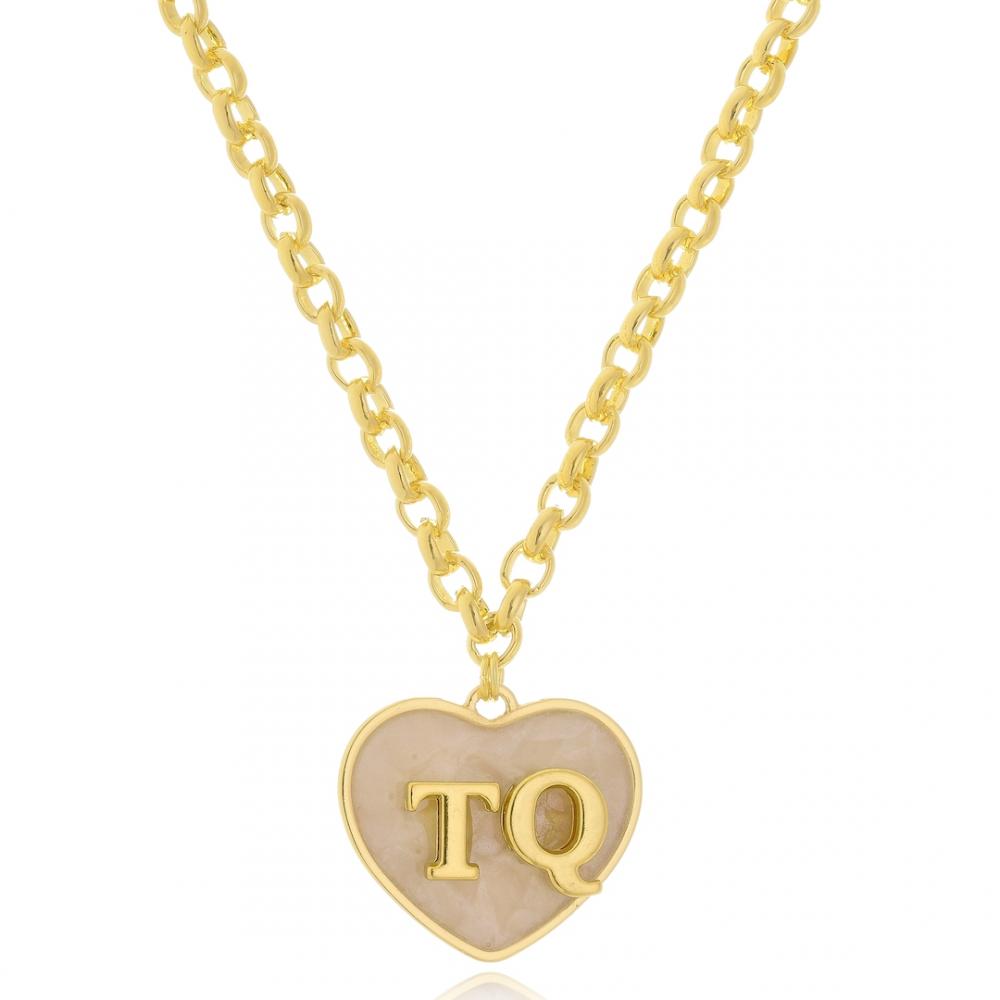 Colar personalizado com coração em madrepérola e letras na corrente elo português banhado a ouro 18k 
