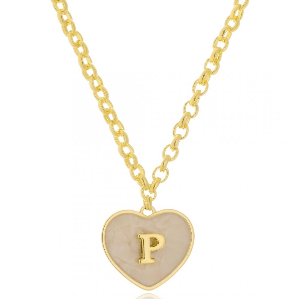 Colar personalizado com coração em madrepérola e letra na corrente elo português banhado a ouro 18k 