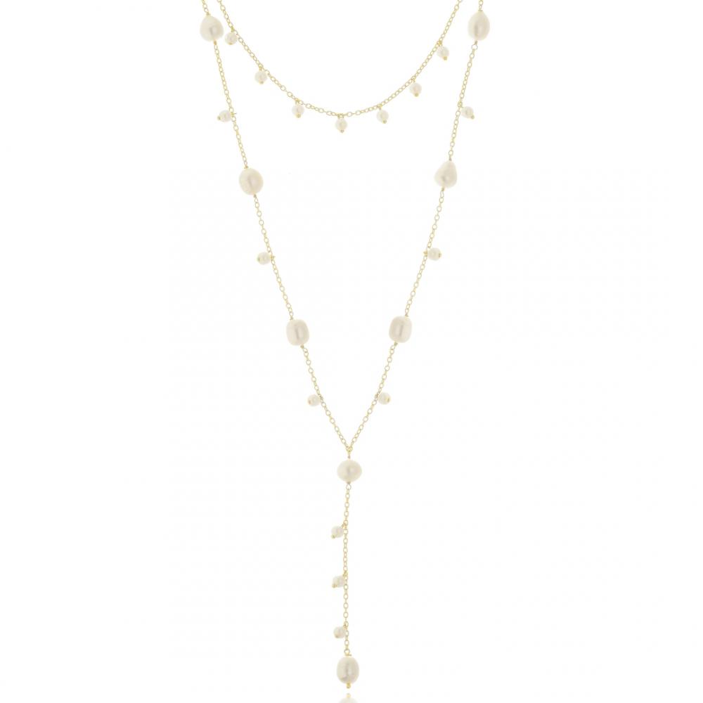 Colar duplo gravata com pérolas banhado a ouro 18k