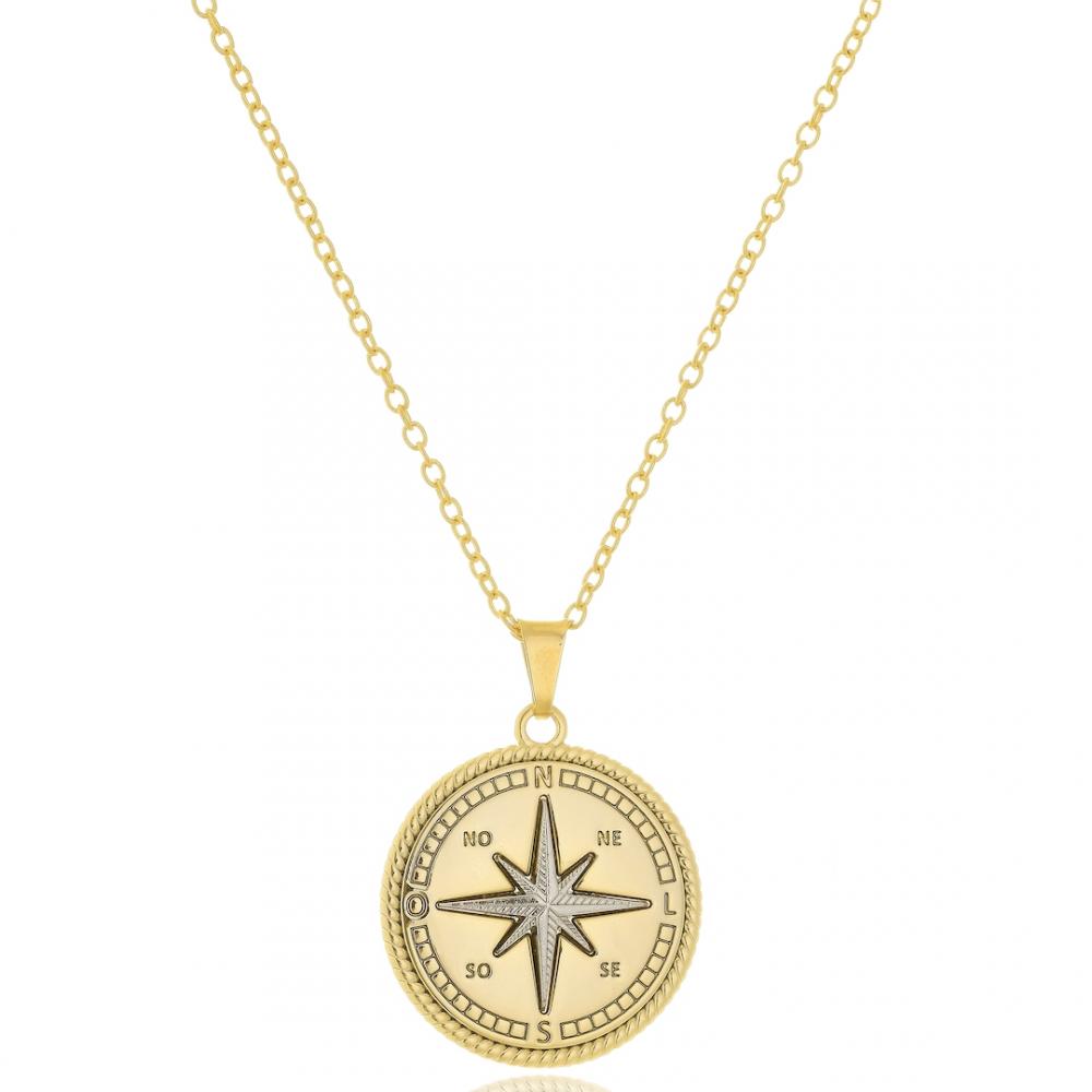 Colar longo com pingente de bússola banhado a ouro 18k