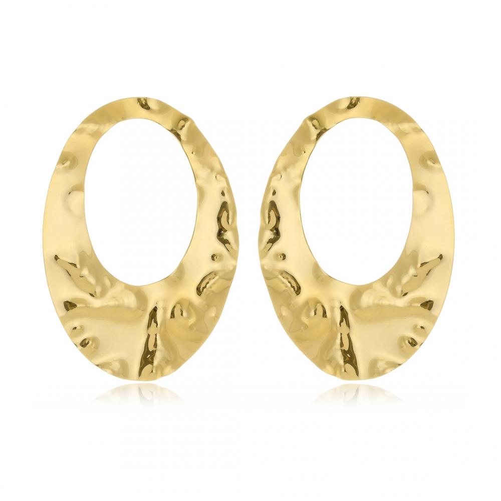 Brinco oval grande martelado banhado a ouro 18k