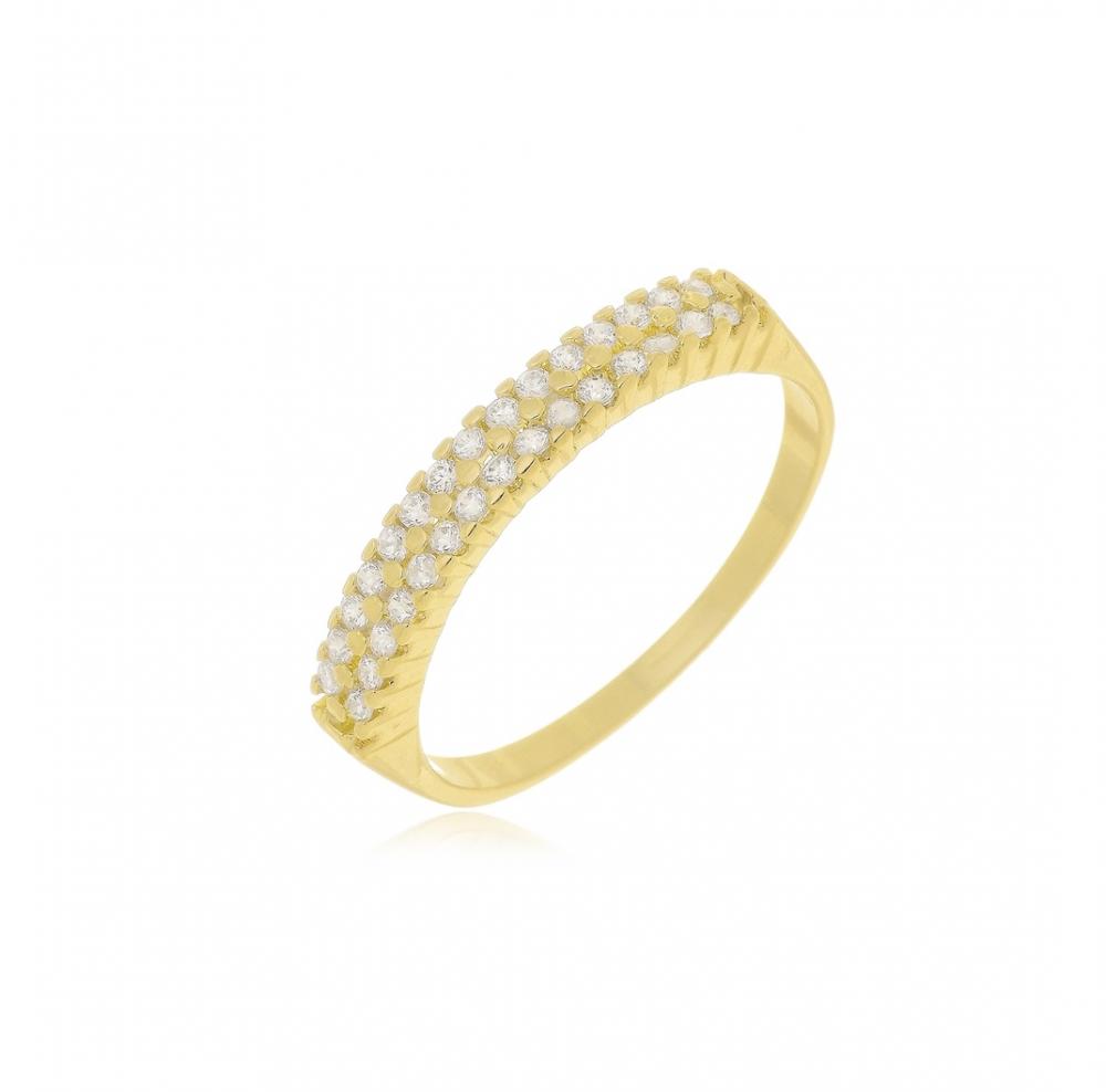 Anel aparador duplo com duas fileiras de zircônia cravejada banhado a ouro 18k