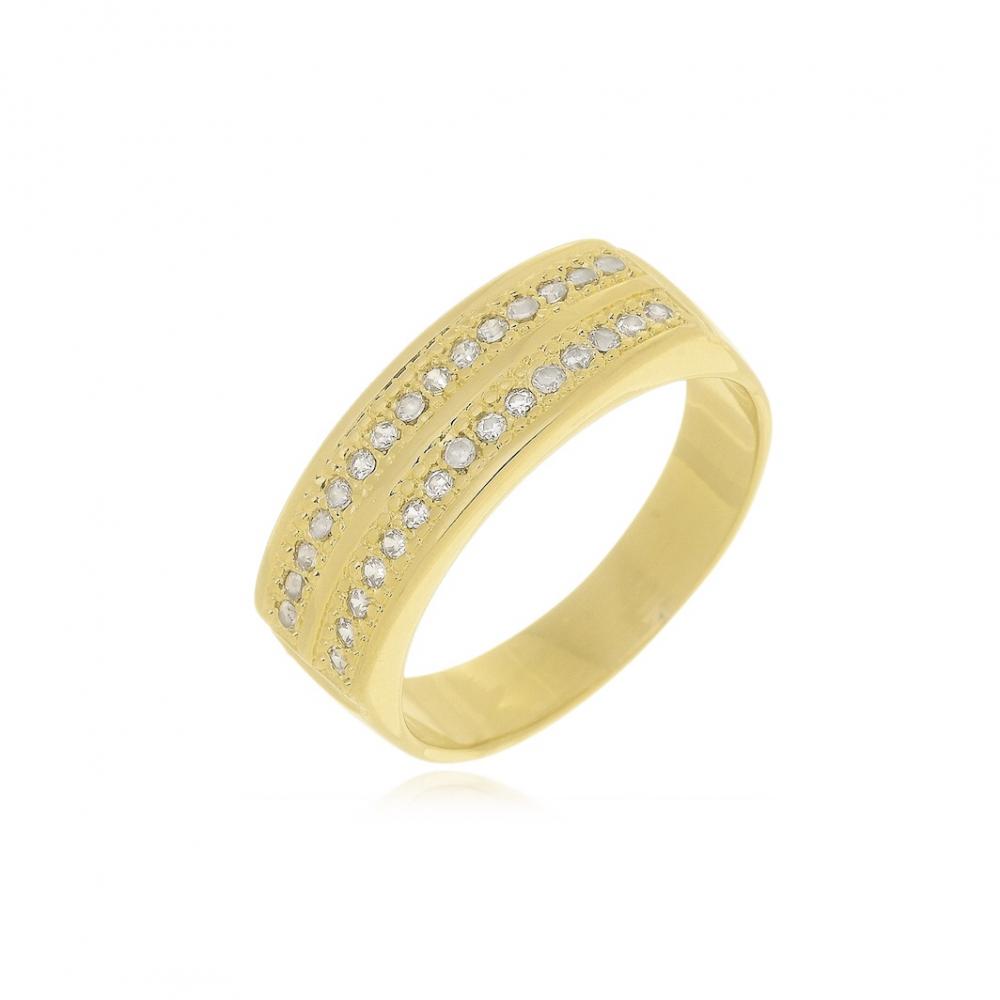 Anel cravejado com duas fileiras de zircônia banhado a ouro 18k
