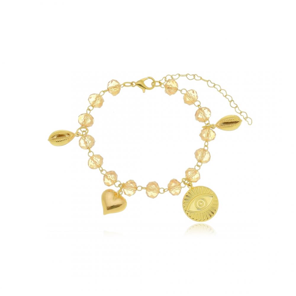 Pulseira com bola de vidro light color com pingentes diversos banhado a ouro 18k 
