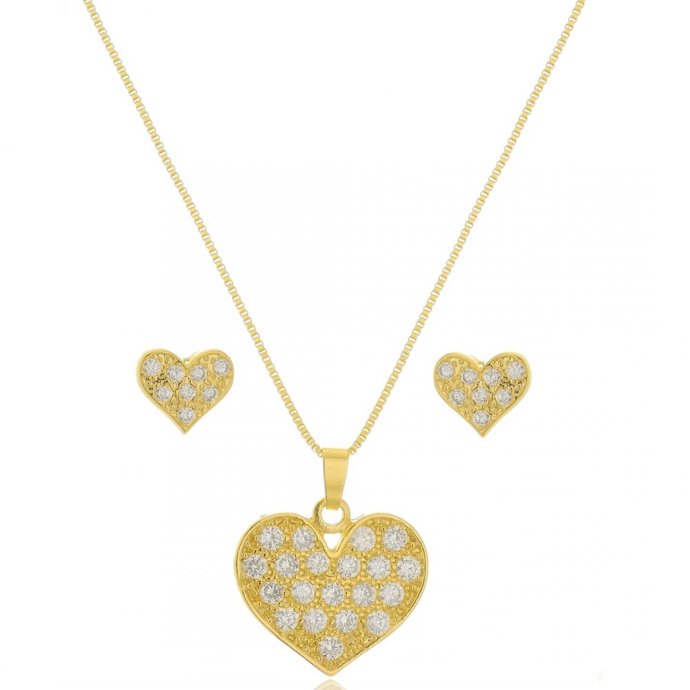 Conjunto de coração cravejado com zircônia banhado a ouro 18k