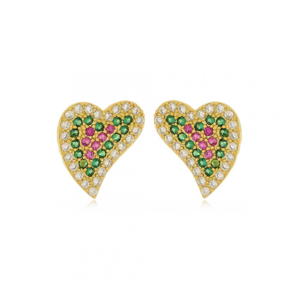 Brinco de coração cravejado com zircônia colorida banhado a ouro 18k 