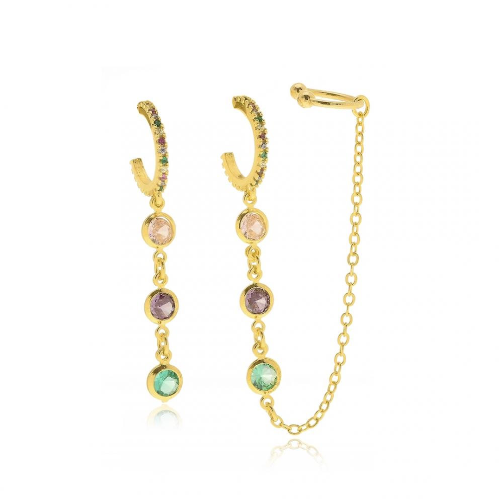 Brinco com zircônia earcuff e piercing fake banhado a ouro 18k