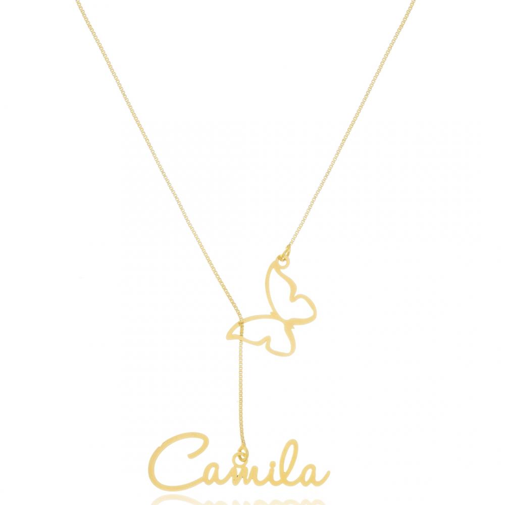 Colar personalizado gravata com nome e pingente borboleta banhado a ouro 18k