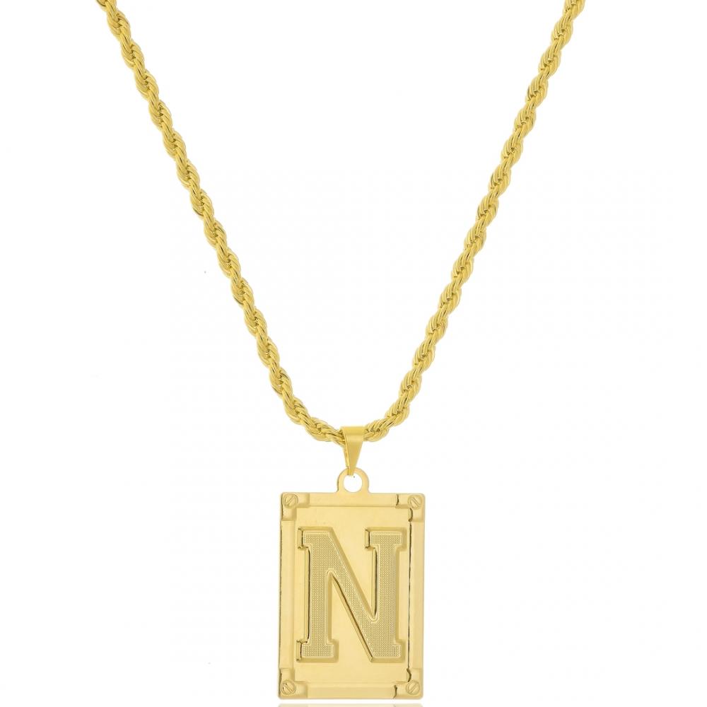 Colar personalizado placa de letra com corrente cabo de aço banhado a ouro 18k