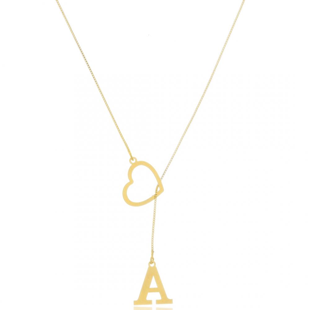 Colar gravata coração com letra personalizada banhado a ouro 18k