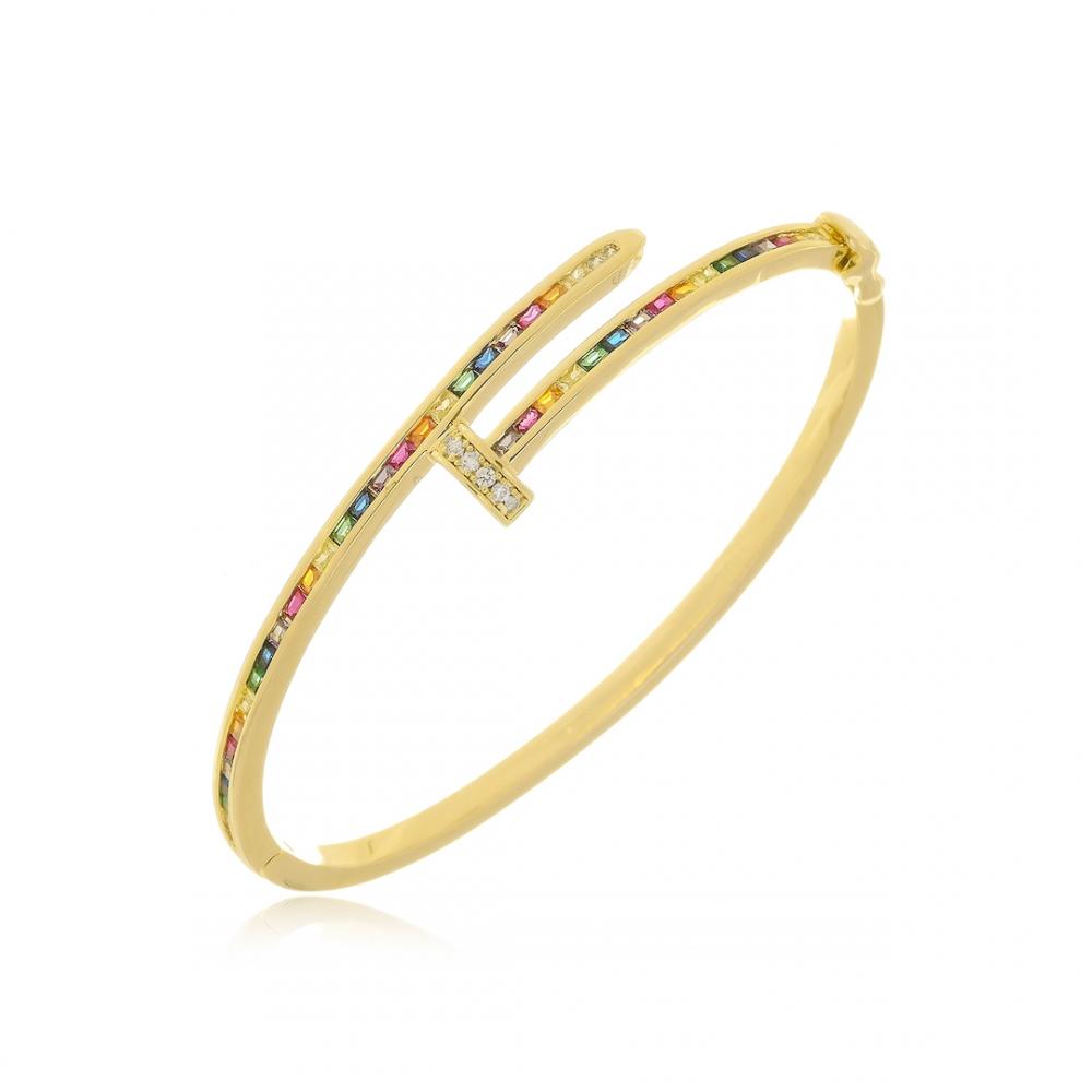 Bracelete de prego cravejado com zircônia micro carre colorida banhado a ouro 18k 