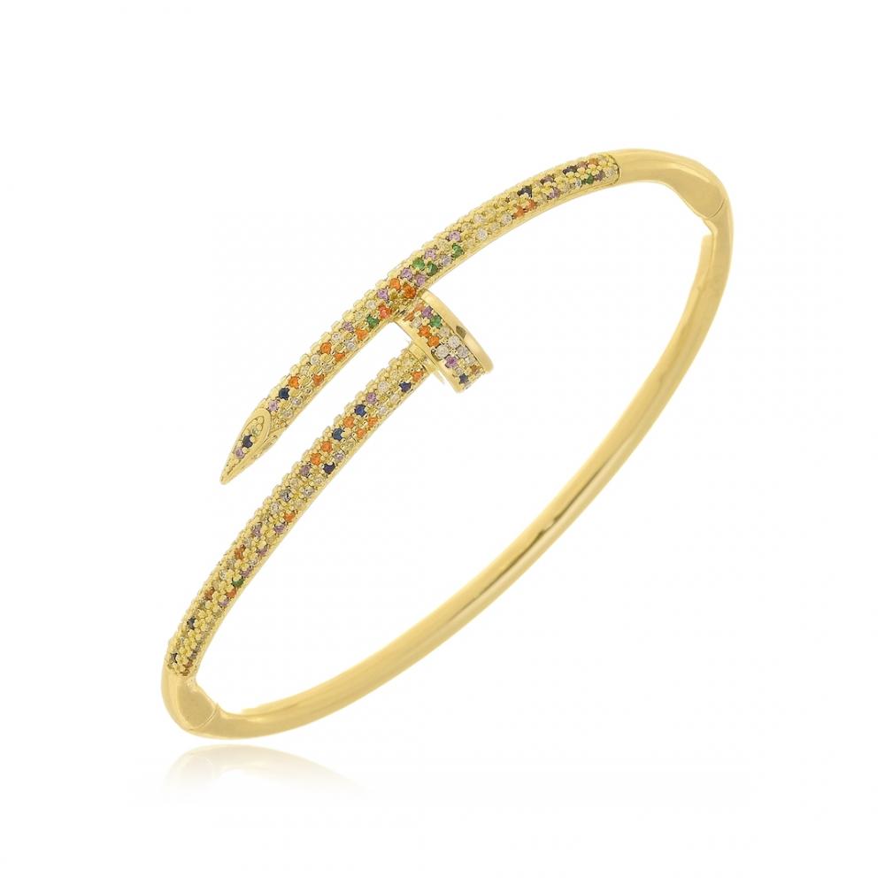 Bracelete de prego cravejado com zircônia colorida banhado a ouro 18k