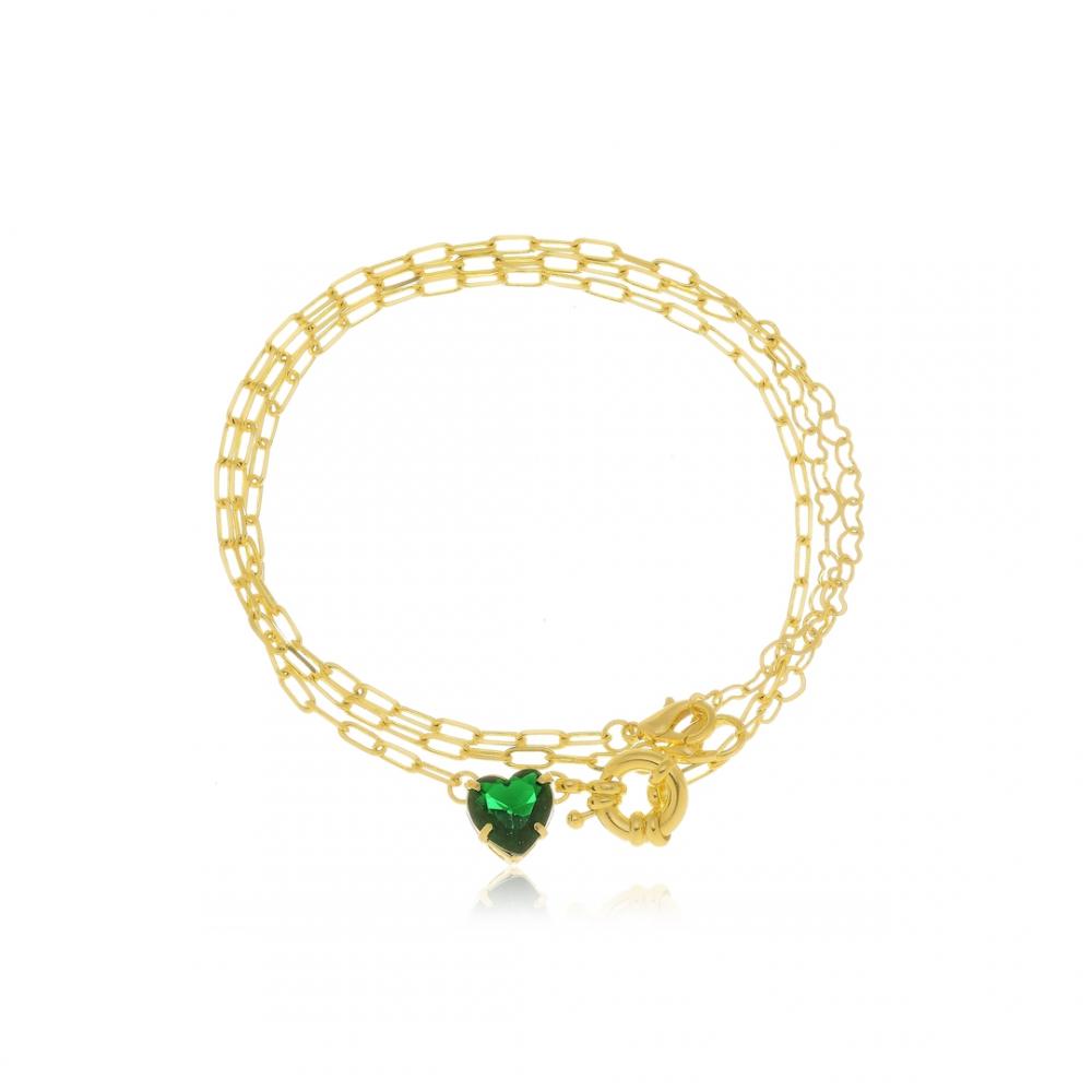 Trio de pulseiras com fecho boia e pingente de coração cravejado banhado a ouro 18k