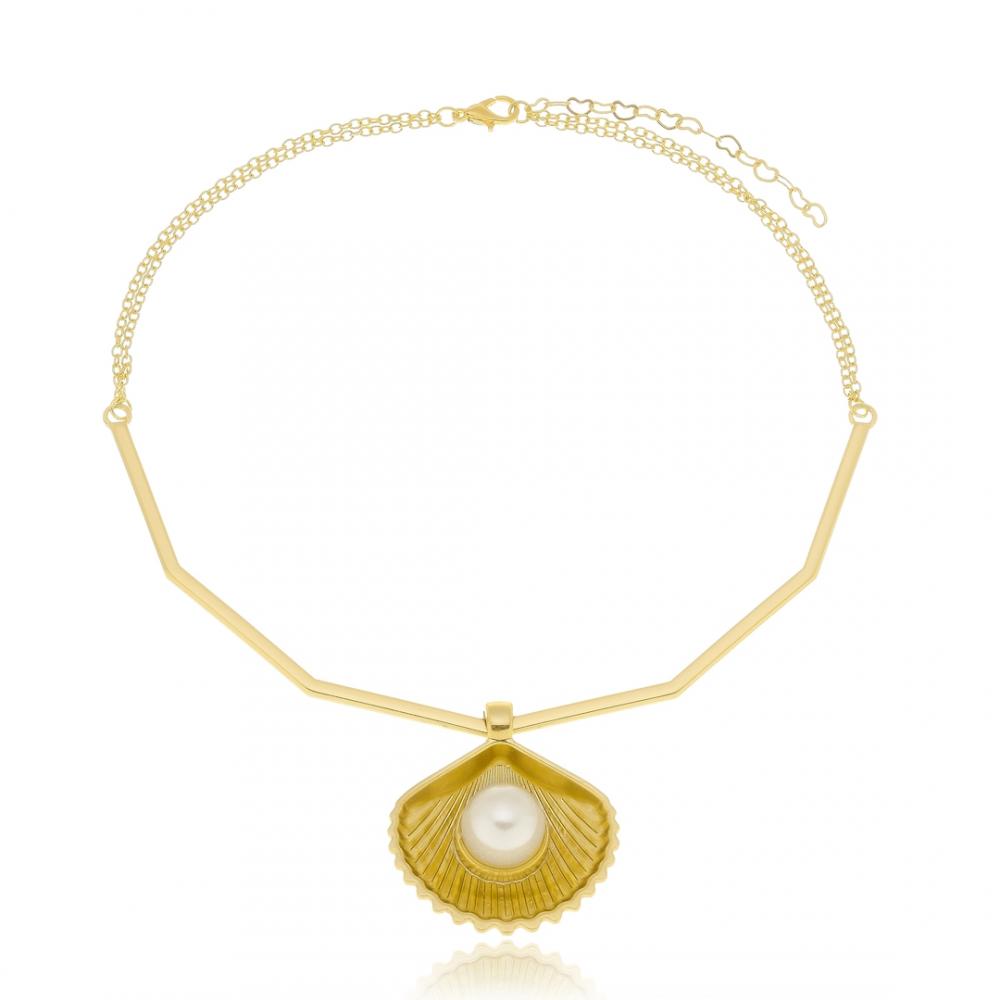 Choker de aro com pingente de concha e pérola banhado a ouro 18k 