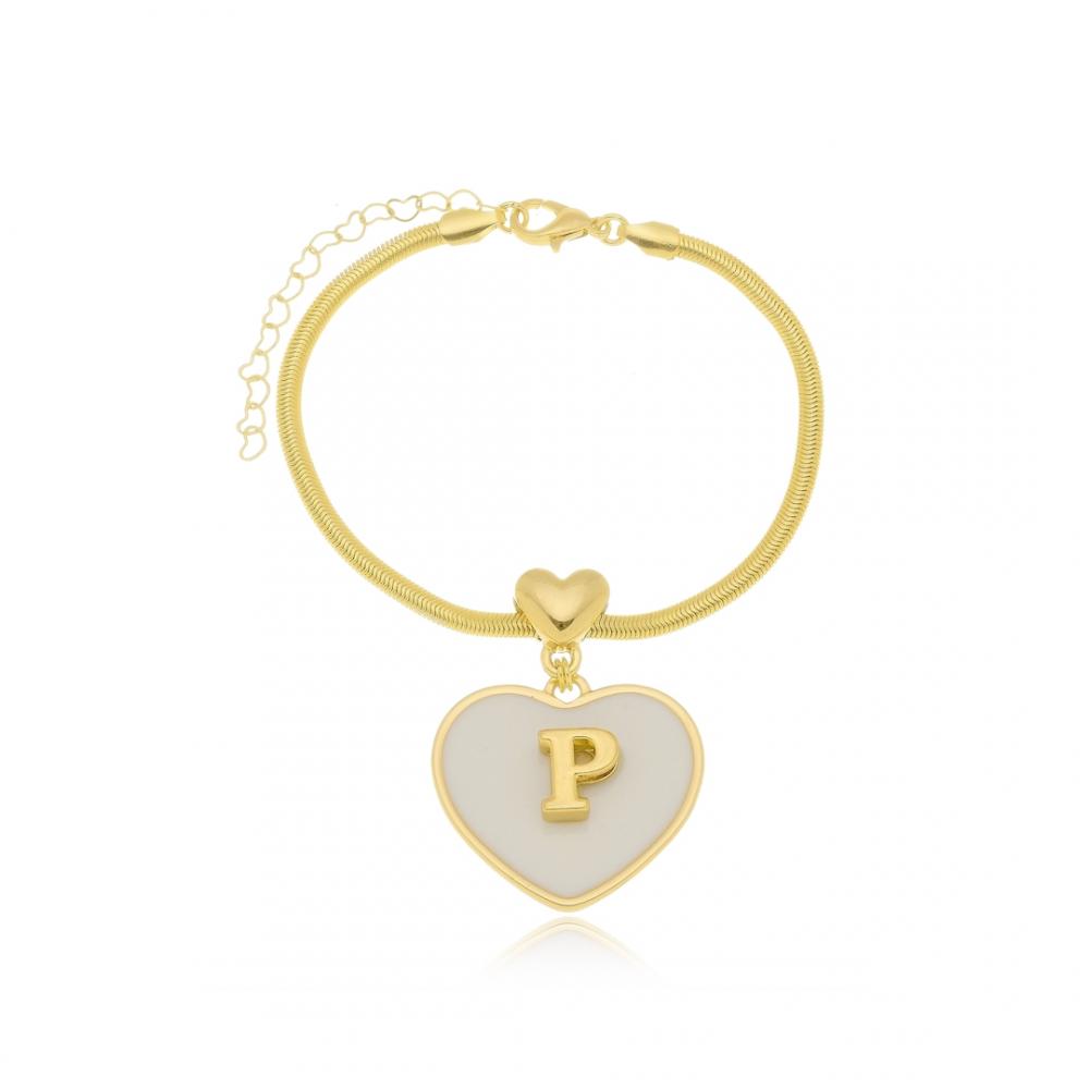 Pulseira Tássia  personalizada com letra e coração banhada a ouro 18k