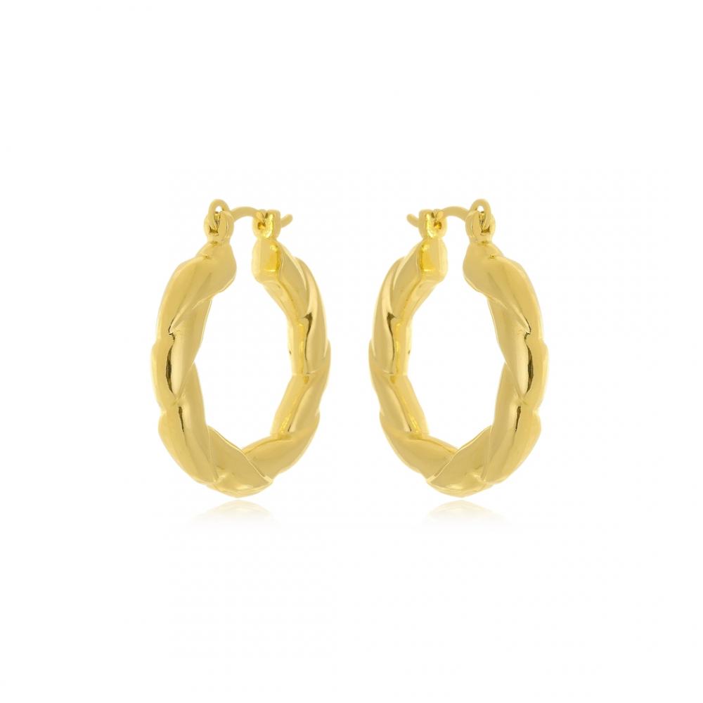 Brinco de argola médio torcido banhado a ouro 18k