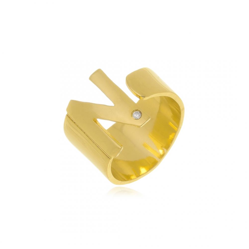 Anel de letra personalizado cravejado com micro zircônia banhado a ouro 18k