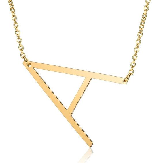 Colar personalizado letra transversal grande na corrente elo português banhado a ouro 18k