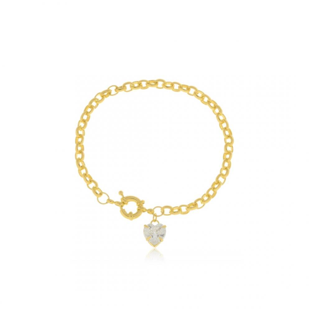 Pulseira elo português com fecho boia e pingente de coração pequeno banhado a ouro 18k 