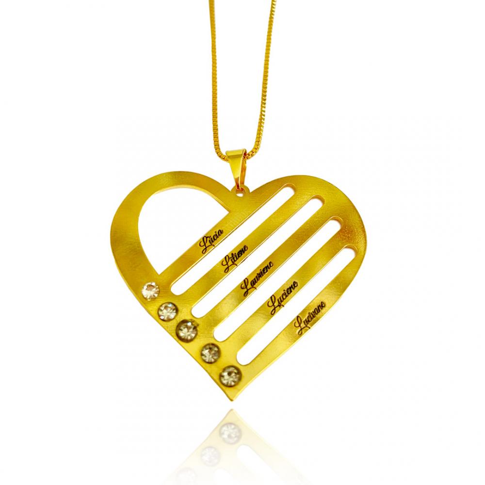 Colar personalizado de coração com nome e zircônia banhado a ouro 18k 