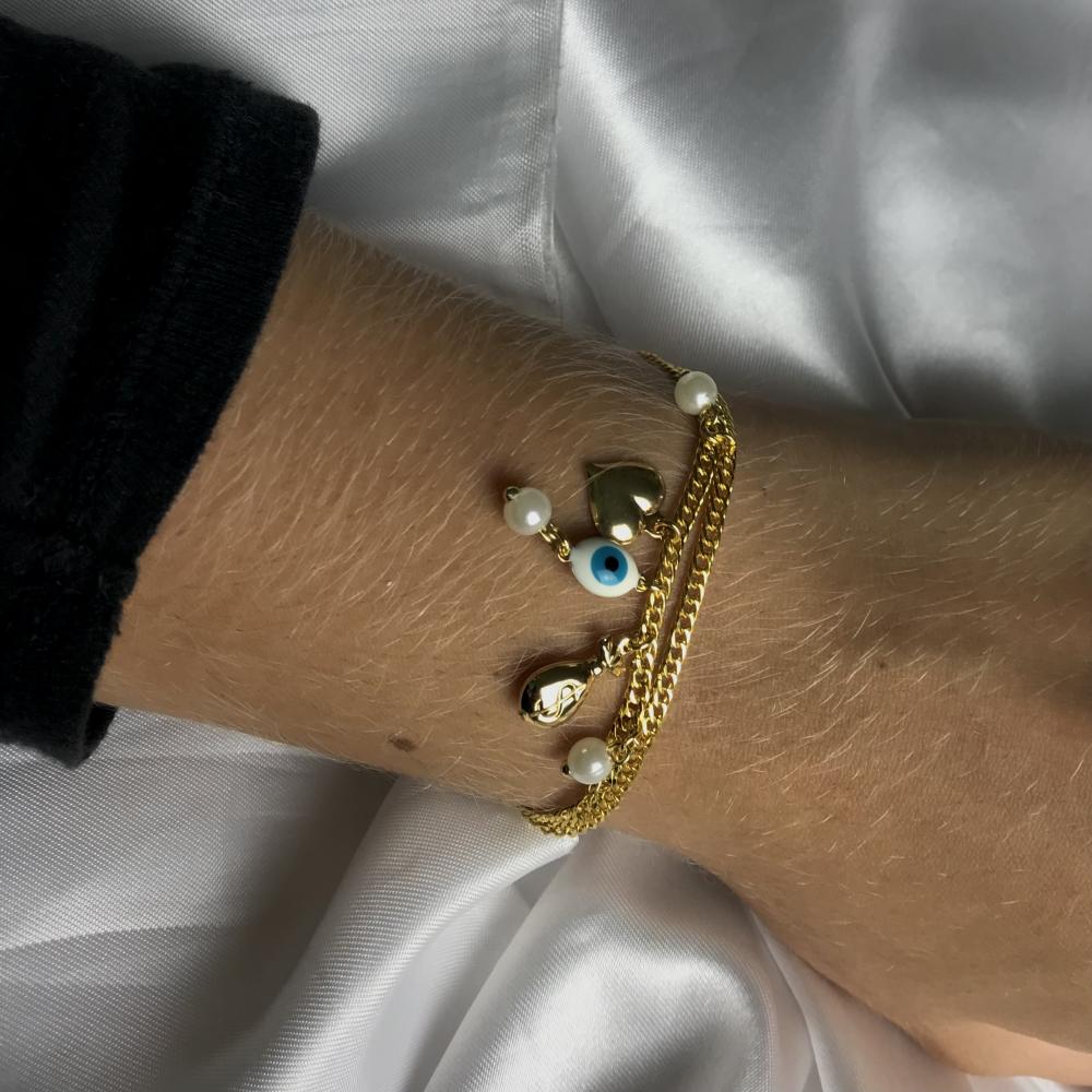 Pulseira com corrente dupla minimalista com pingentes diversos banhada a ouro 18k 