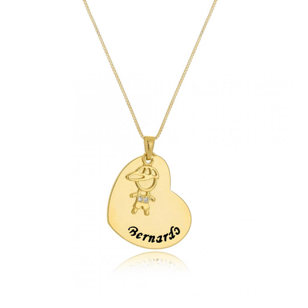 Colar personalizado de coração com nome e bonecos banhado a ouro 18k 
