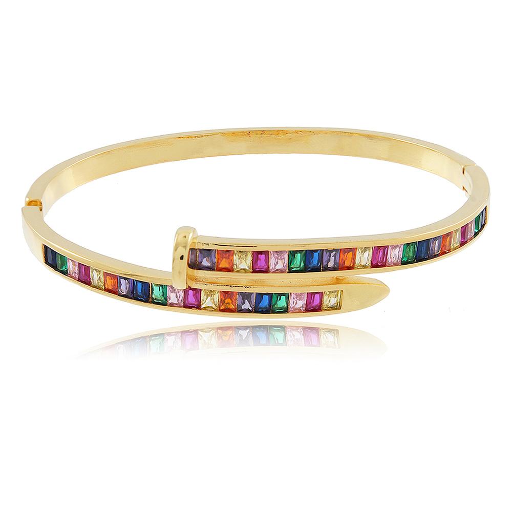 Pulseira bracelete Eduarda de prego cravejado com zircônia colorida banhada a ouro 18k