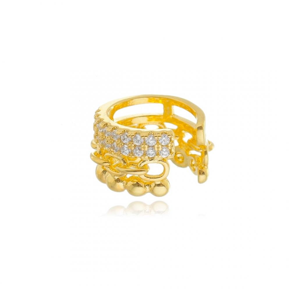 Piercing fake com micro bolinhas e elos cravejado com zircônia banhado a ouro 18k