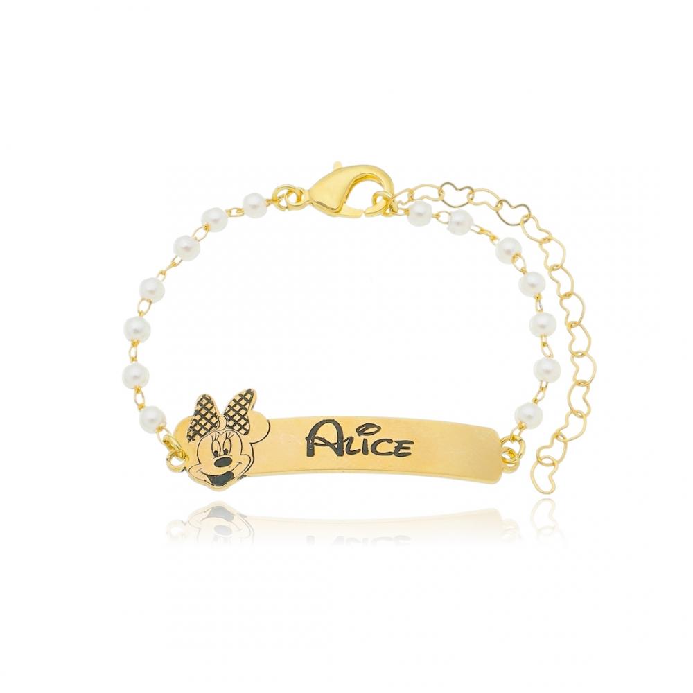 Pulseira infantil personalizada da Minnie com nome banhada a ouro 18k 