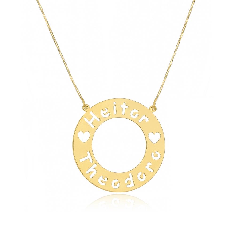 Colar mandala redonda com nomes personalizados banhado a ouro 18k