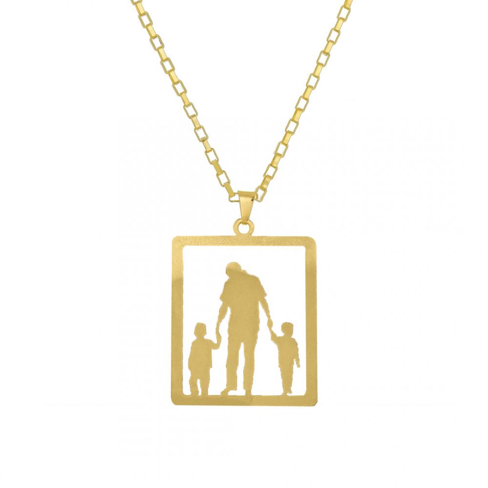 Colar masculino com corrente tijolinho e pingente de placa filhos personalizado banhado a ouro 18k